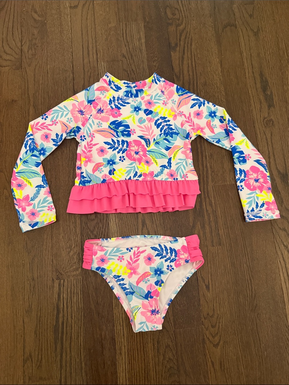 Tommy Bahama Girls Pink Blue Floral Long-Sleeve Rashguard Bikini Set